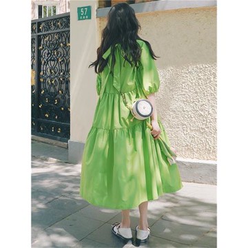 多巴胺綠色泡泡袖連衣裙女夏2025新款寬松娃娃裙森系仙女蛋糕長裙
