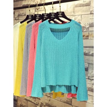 春秋季新款ins前短后長掛脖V領針織衫女喇叭袖上衣慵懶寬松毛衣薄