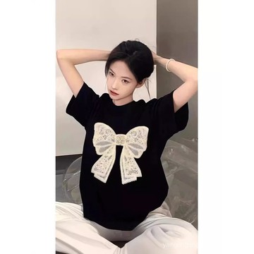 臺灣出貨印花蝴蝶結短袖T恤女夏季2025新款高級感小衆設計寬鬆半袖上衣潮 IR0T