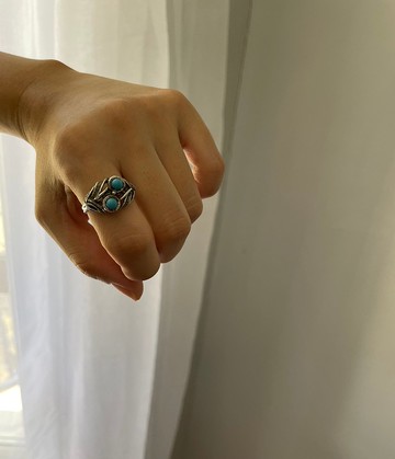 古董 Vintage 銀色葉片塑料土耳其石感 戒指SARAH COV RIN4