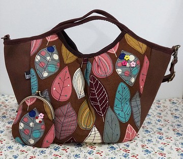 咖啡色系葉子圖案托特包 手提包 側肩包