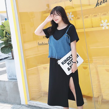 CCGIRL中大尺碼 性感側開衩連身長洋裝+牛仔吊帶背心(兩件式套裝) -適M～5L《64420》大尺碼女裝中大尺碼上衣