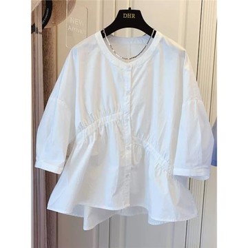 品牌折扣女裝剪標專柜撤柜外貿夏季不對稱褶皺拼接娃娃衫襯衫上衣