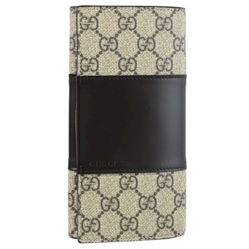 GUCCI 經典GG Supreme印花皮革扣式長夾(駝黑)