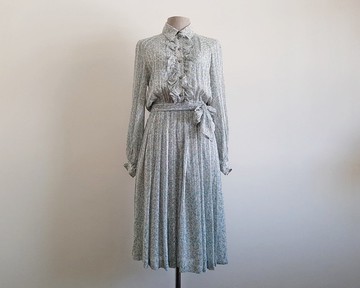 復古綠色碎花襯衫洋裝 女款 荷葉雪紡 中長袖 S號