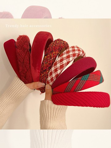 紅色絲絨發箍秋冬女復古格子發卡圣誕高級感高顱頂小香風新年頭飾