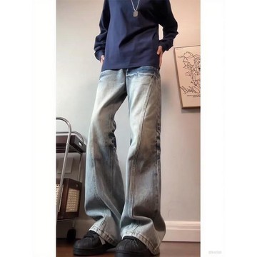 高街美式復古水洗做舊拼接牛仔褲男寬鬆微喇叭垂墜感顯瘦長褲男