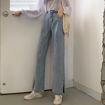 高腰軟牛仔闊腿褲女寬松直筒顯瘦淺色垂感拖地九分高小個子老爹褲