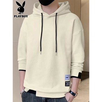 花花公子秋冬季新款白色衛衣男士加絨連帽上衣服休閑打底衫外套男