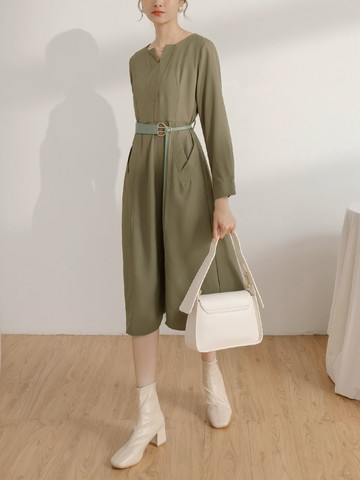 小V領造型口袋修身長袖洋裝(附腰帶)