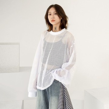 【AMERO】男裝 女裝 長袖圓領大學T 素面小標洞洞 情侶裝