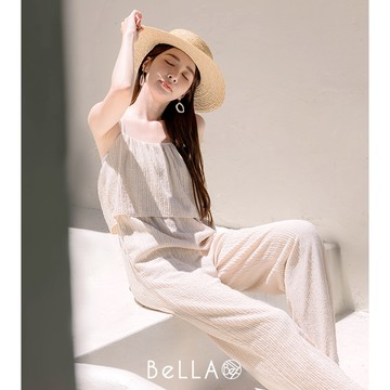 【買2送1】BeLLA  故意皺皺連身褲 杏色