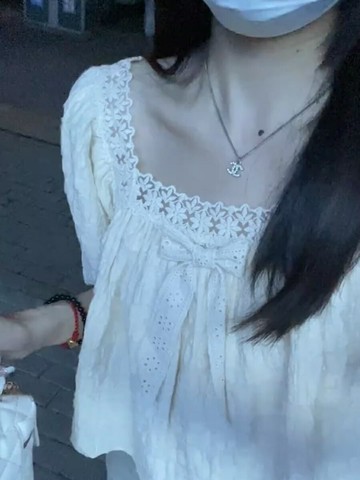 法式復古蕾絲雪紡短袖襯衫女夏季方領娃娃衫設計感小眾泡泡袖上衣【淘夢屋】