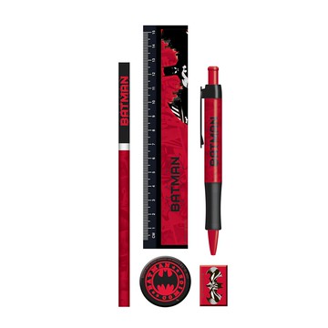 Batman 蝙蝠俠 學生文具組 鉛筆 原子筆 尺 削鉛筆器 橡皮擦  紅黑配色美漫風  1組