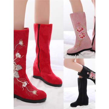 春秋老北京布鞋女靴民族風紅色繡花布靴內增高坡跟中筒長靴棉靴子