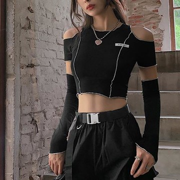 露肩t恤女甜酷風爵士舞蹈小眾設計感短款辣妹jazz上衣女團打歌服