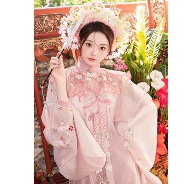 免運 臺灣出貨原創2025新款粉色明制雲肩立領對襟長衫馬面刺繡漢服春夏國風套裝010812
