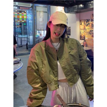 小個子短款棒球服女裝春秋歐貨工裝夾克寬松設計感軍綠色休閑外套