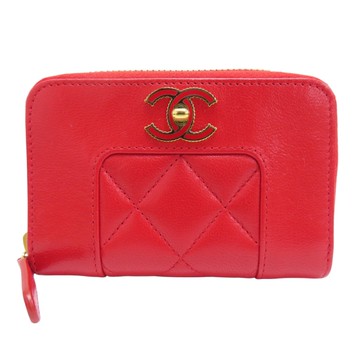 【二手名牌BRAND OFF】CHANEL 香奈兒 紅色 皮革 Mademoiselle 拉鏈零錢包 無卡