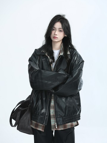 【坐吃山空】美拉德棕色機車PU皮衣外套女秋季美式復古寬松夾克潮【淘夢屋】