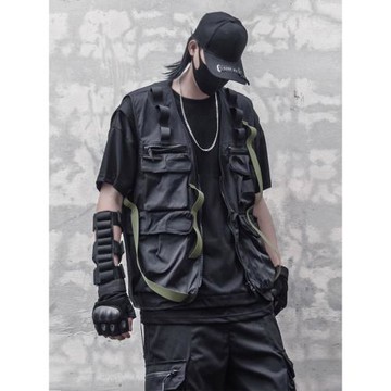 原創設計暗黑工裝織帶傘兵背心機能戰術服多口袋寬松馬甲男女坎肩