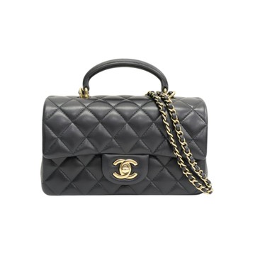 CHANEL 香奈兒 黑色 菱格紋 羊皮 Mini Top Handle 鍊帶 兩用包 AS2431 【二手名牌BRAND OFF】