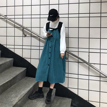 chic單排扣背帶裙女學生長裙寬松連衣裙潮+衛衣1入