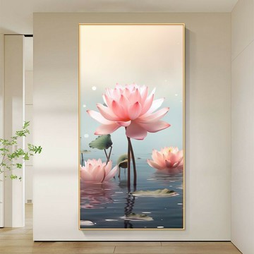 免運 裝飾畫 玄關裝飾畫 風水 荷花裝飾畫新中式入戶玄關掛畫客廳走廊過道盡頭豎版高檔蓮花壁畫 可開發票 全館六折 工廠現貨直銷 新品特價 c11122