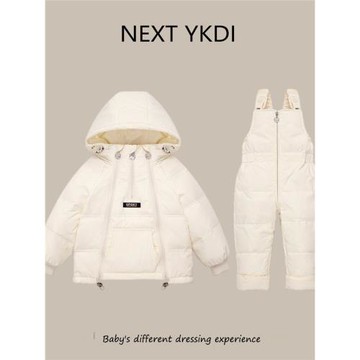 英國NEXT冬季嬰兒羽絨服套裝男女寶寶大毛領兒童背帶褲保暖兩件套