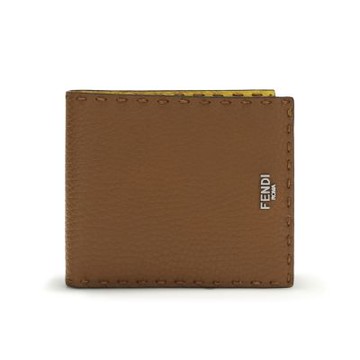 FENDI 芬迪 Selleria Bifold 雙折 手工縫線 皮革 皮夾 卡夾 短夾 棕褐色 向日葵黃色 7M0193AW2FF1WL1