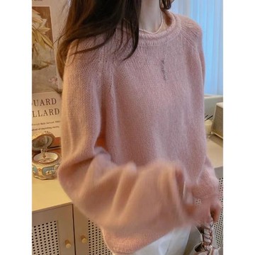 秋冬新款慵懶寬松內搭羊毛針織打底衫女圓領純色長袖休閑羊絨毛衣