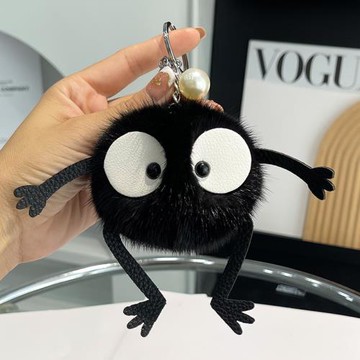 可愛水貂毛小煤球汽車鑰匙扣掛件ins網紅毛絨草帽小精靈包包掛飾