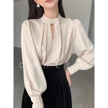 歐洲站醋酸緞面泡泡袖立領襯衫女早秋通勤職業氣質上衣設計感小眾
