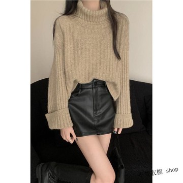 【秋冬慵懶風】高領毛衣女 打底衫 復古加厚高領針織毛衣 秋冬配大衣內搭 慵懶風寬鬆短款打底衫上衣 內搭上衣 短款上衣 高