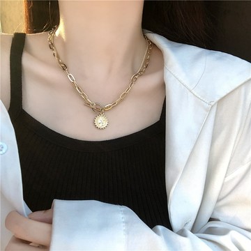 現貨-ins冷淡風美人頭像雙層項鍊女潮簡約金屬鏈條硬幣吊墜鎖骨鏈-D53