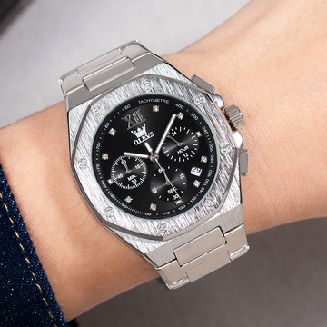 OLEVS機械脈動真三眼日期顯示六角螺絲金屬鋼片鍊帶手錶【WOL3626】-黑面銀帶