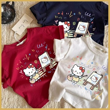 💚童裝上衣💚韓係童裝女童純棉短袖t恤2025新款夏寶寶女孩卡通kt貓洋氣打底衫T RJWR