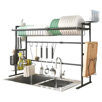 鐵藝 伸縮瀝水架 75cm 碗架 盤架 刀架 筷子收納架 瀝水籃 砧板架 掛鉤  2層  黑色  1個