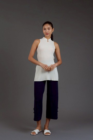 中式束腰針織旗袍背心 (白色)