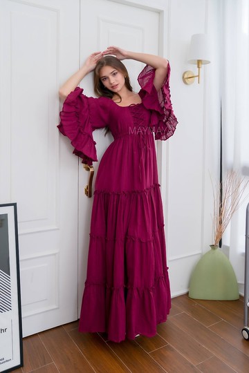 酒紅勃艮第長洋裝，長款禮服，孕婦禮服，秋季長洋裝
