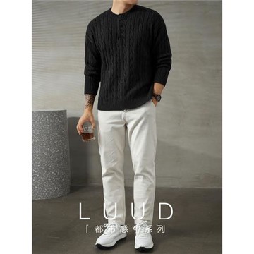 LUUD 輕奢氣質感亨利領黑色毛線衣男士麻花紋理高彈包芯紗針織衫