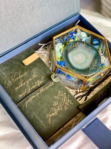 客製化禮物 真皮手帳記事本筆套 永生花瑪瑙玻璃盒 離別 結婚禮物