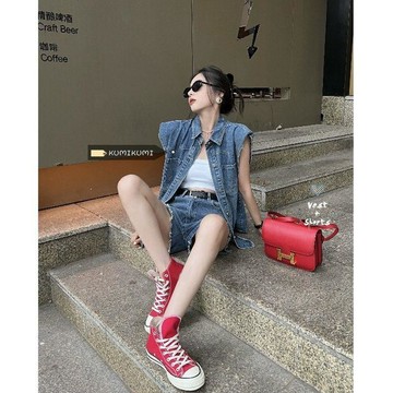 ⭐商城熱賣⭐時尚港風複古套裝女寬鬆無袖牛仔外套馬甲+夏季闊腿短褲兩件套潮