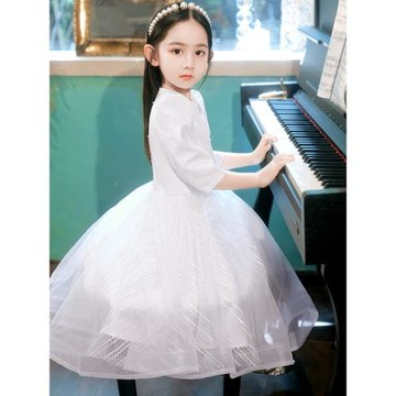 高端女童禮服公主裙兒童生日花童小女孩鋼琴演奏演出服白色蓬蓬裙