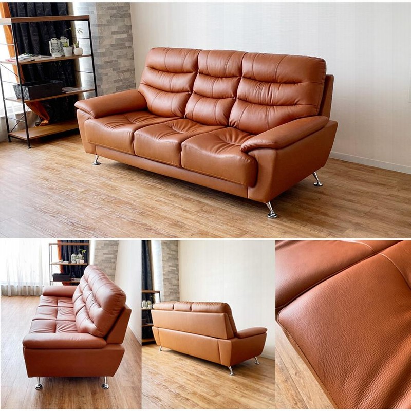 A090🉐高級 本革 3Pソファー ブラウン 3人掛け レザソファ