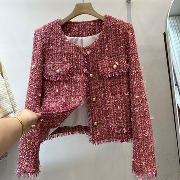 彩色編織圓領流蘇毛邊小香風短外套2023秋季高級感開衫女士上衣
