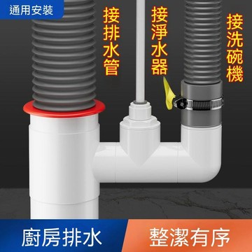 統編發票 廚房下水管淨水器三通接頭水槽洗菜盆洗碗機排水管三頭通防臭神器 洗手盆下水道 下水管 防臭管 防反水 分叉管 排