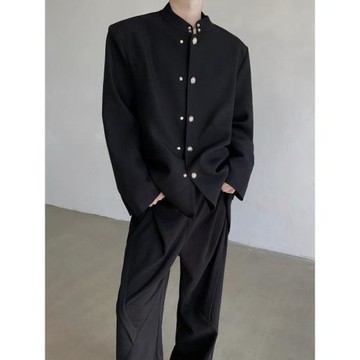 秋季熱血高校男士制服中山裝西服墊肩金屬扣裝飾高級痞帥西裝外套