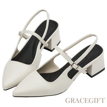 【Grace Gift】韓系尖頭通勤百搭後空低跟鞋 米白