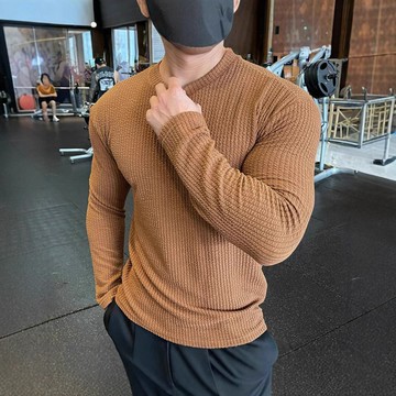 男士體恤春季潮牌健身美式長袖毛衣針織套頭男時尚簡約打底T恤衫鑫弘-衣錦男裝